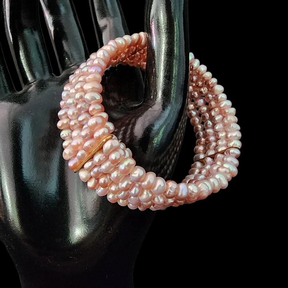 Pink pearl cuff bracelet petite pearls 4 tiers dainty blush pearls A0019